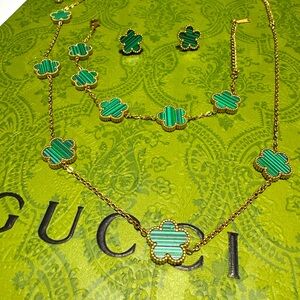 Green Van Clef Style Set Necklace,bracelet & Earrings